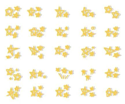 Yellow Doodle Stars Elements Set with Shadow.Hand Drawn Shine Symbol Collec.. Stock Illustration