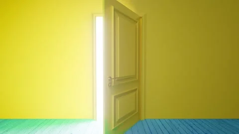 Yellow door opening on white light in empty room Stock Footage 310792565