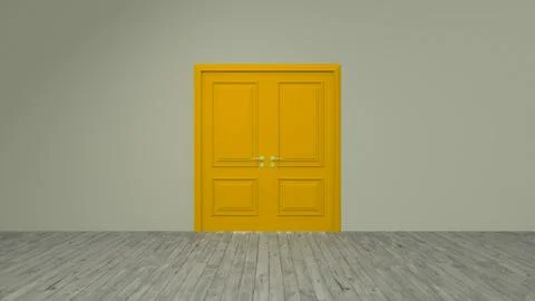 Yellow double door opening into empty room with wooden floor Ilustración de archivo