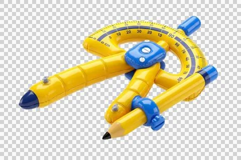 Yellow drafting compass with blue pencil and protractor on transparent back.. Stock Illustration