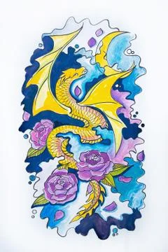 Yellow dragon flying through the sky on a moonlit night. Stock Illustration