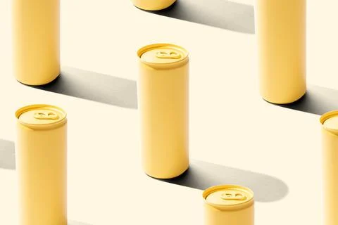 Yellow drinking can mockup pattern isolated on yellow background Stock Photos