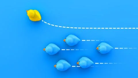 Yellow duck changing direction Stock Illustration