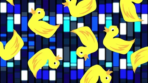 Yellow ducks animation over blue and black geometric pattern background Stock Footage 303565975