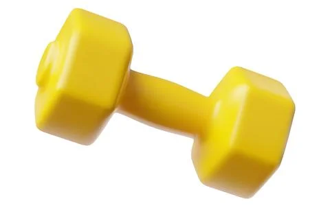 Yellow dumbbell, vector 3D cartoon fitness dumbbell for strength training, sport Stock Illustration