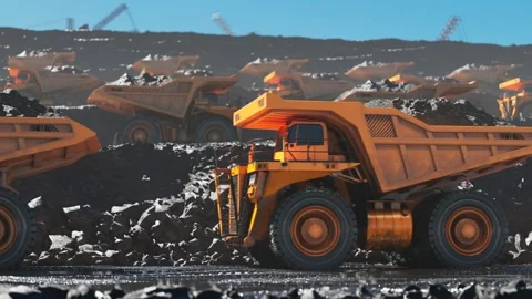 Yellow dump trucks going one by one in rows. Quarry in the background.Render 4K Stock Footage 133386230