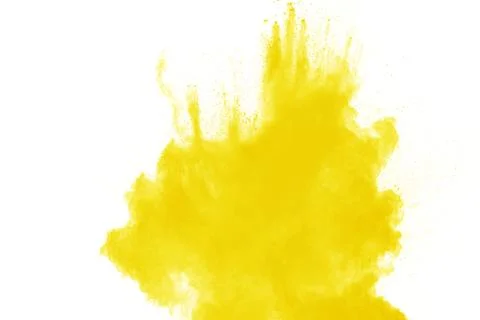 Yellow dust particles explosion on white background. Yellow powder dust splas Illustrazione stock