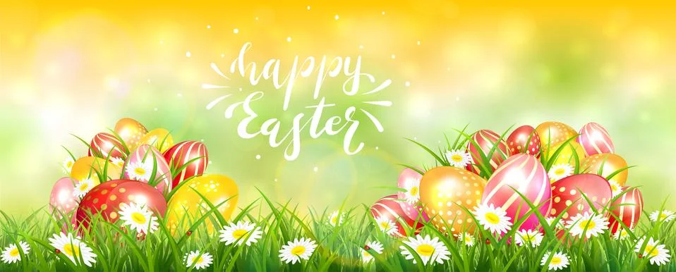Yellow Easter Background with Colorful Eggs Stock Illustration