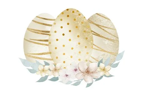 Yellow Easter Day eggs flowers design. Watercolour illustration isolated on Stock Illustration