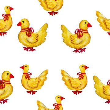Yellow Easter ducks painted by hand in watercolor. Seamless pattern with y... Stock Photos