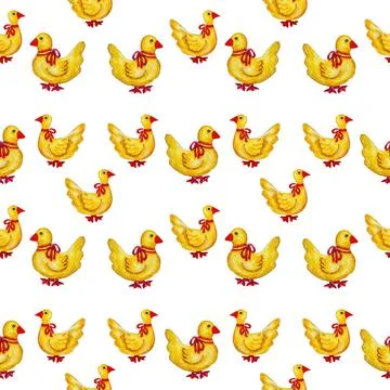 Yellow Easter ducks with red bows. Watercolor seamless pattern with the im... 스톡 사진