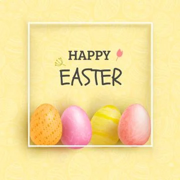 Yellow Easter Egg banner. Eggs in white thin square on yellow pattern background Illustrazione stock