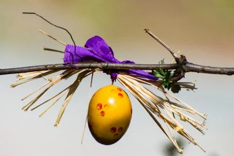 Yellow Easter egg hanging on Easter tree Stock Photos