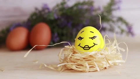 A yellow Easter egg with a painted face in a nest Stock Footage 234111886