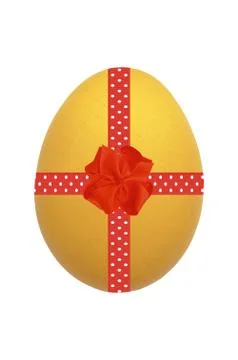 Yellow Easter egg with red ribbon and bow isolated on white Stockfoto's