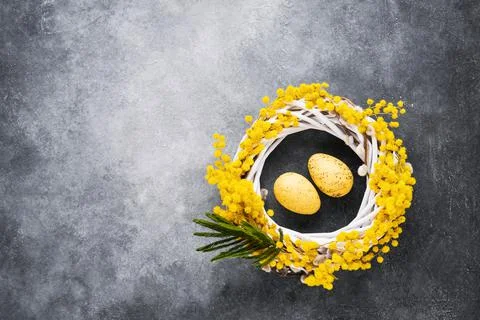 Yellow Easter eggs and mimosa wreath on a grey background. Top view, copy space Stock Photos