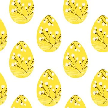 Yellow Easter Eggs colored Blossom twigs and string decorated Seamless Pattern 스톡 일러스트