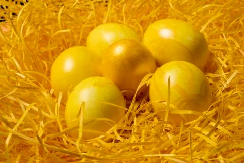 Yellow easter eggs on straw background Stockfoto's