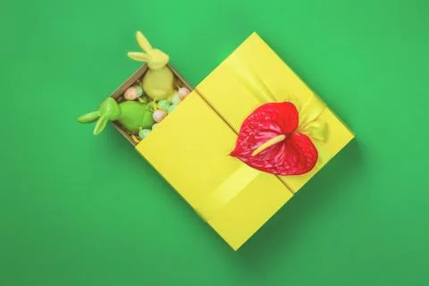 Yellow easter giftbox with two bunnies on green background Stock Photos