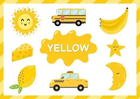 Yellow. Educational worksheet for kids. Learning the color yellow set Stock Illustration