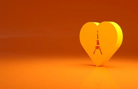 Yellow Eiffel tower with heart icon isolated on orange background. France Paris Illustrazione stock