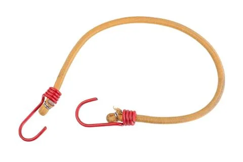 Yellow Elastic strap with a red hooks isolated on white background. Bungee co Stock Photos