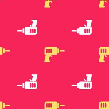 Yellow Electric drill machine icon isolated seamless pattern on red background 스톡 일러스트