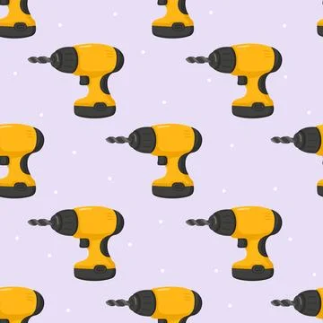 Yellow electric drills seamless pattern for construction and repair Stock Illustration