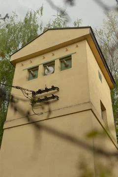 Yellow electrical substation tower with insulators among trees Stock Photos