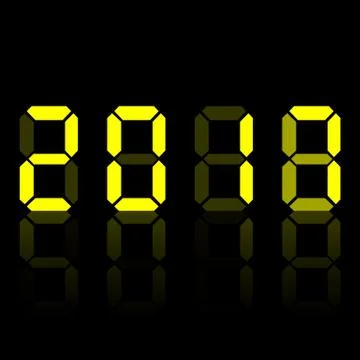 Yellow electronic digital numbers 2018. isolated on black background. Vector  Stock Illustration