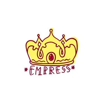 Yellow empress crown with red ruby jewel - doodle drawing isolated on white Illustrazione stock