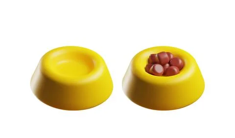 Yellow empty and full of feed pet bowl 3D vector icon, pet care accessory, food Stock-Illustration