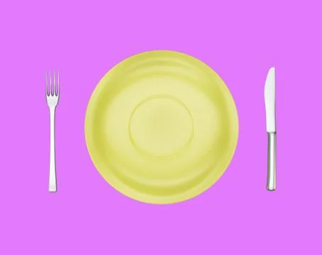 Yellow empty dinner plate, fork and knife Stock Illustration