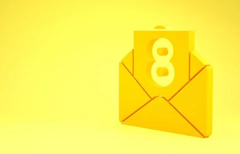 Yellow Envelope with 8 March icon isolated on yellow background. Message love Stock Illustration