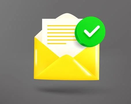 Yellow envelope with paper sheet with green checkmark. 3d vector icon Stock Illustration
