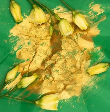 Yellow Eustoma tiny rose flower buds on crumpled paper with gold gouache strokes Stock Illustration