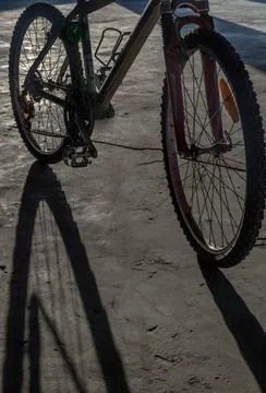 Yellow evening sun rays pass through Mountain bike wheels in the parking lot. Stock Photos