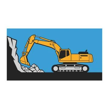 Yellow excavator digging dirt and rocks on blue background Stock Illustration