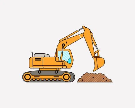 Yellow excavator machine digging dirt pile illustration with heavy equipment Stock Illustration