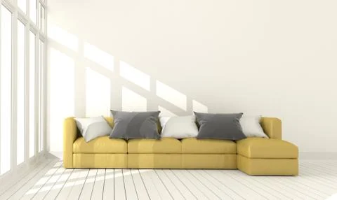 Yellow fabric sofa on empty white wall background.3d rendering Stock Illustration