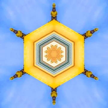 Yellow facade of the decorative building on side 스톡 사진