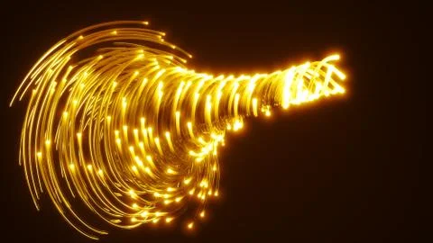 Yellow fiber optic cables vortex. glass strings glowing in dark. 3d illustration Stock Illustration