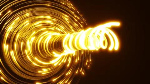 Yellow fiber optic cables vortex. glass strings glowing in dark. 3d illustration Stock Illustration