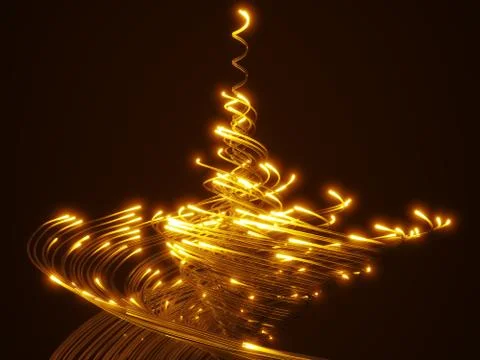 Yellow fiber optic cables vortex. glass strings glowing in dark. 3d illustration Stock Illustration