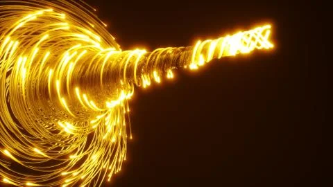 Yellow fiber optic cables vortex. glass strings glowing in dark. 3d illustration Stock Illustration