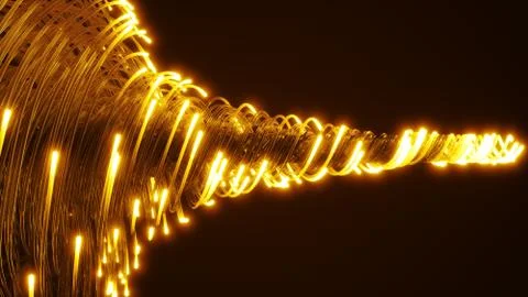 Yellow fiber optic cables vortex. glass strings glowing in dark. 3d illustration Illustrazione stock