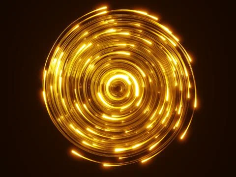 Yellow fiber optic cables vortex. glass strings glowing in dark. 3d illustration Stock Illustration