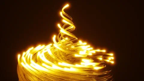 Yellow fiber optic cables vortex. glass strings glowing in dark. 3d illustration Stock Illustration