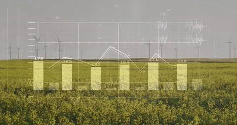 Yellow field, turbines static, live data driving overlay, bars rising, labels Stock Footage 332281589