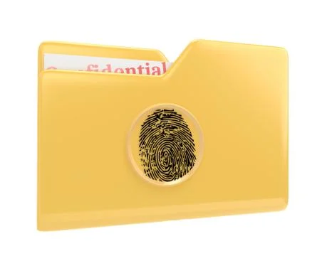 Yellow file folder with confidential documents and fingerprint scanner 3d Stock Illustration